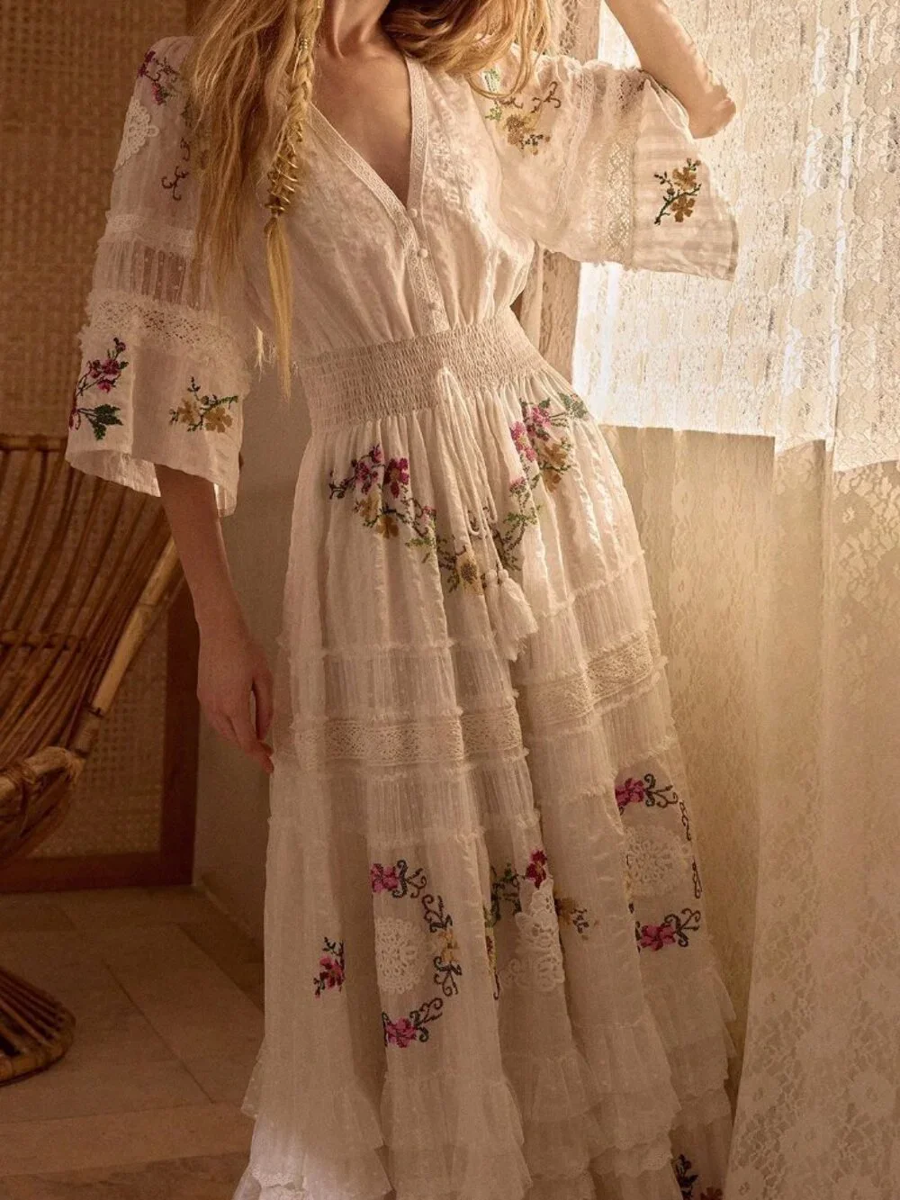 Beige Boho Women's Embroidered Patchwork Long Vacation Dress - Picture 5 of 8